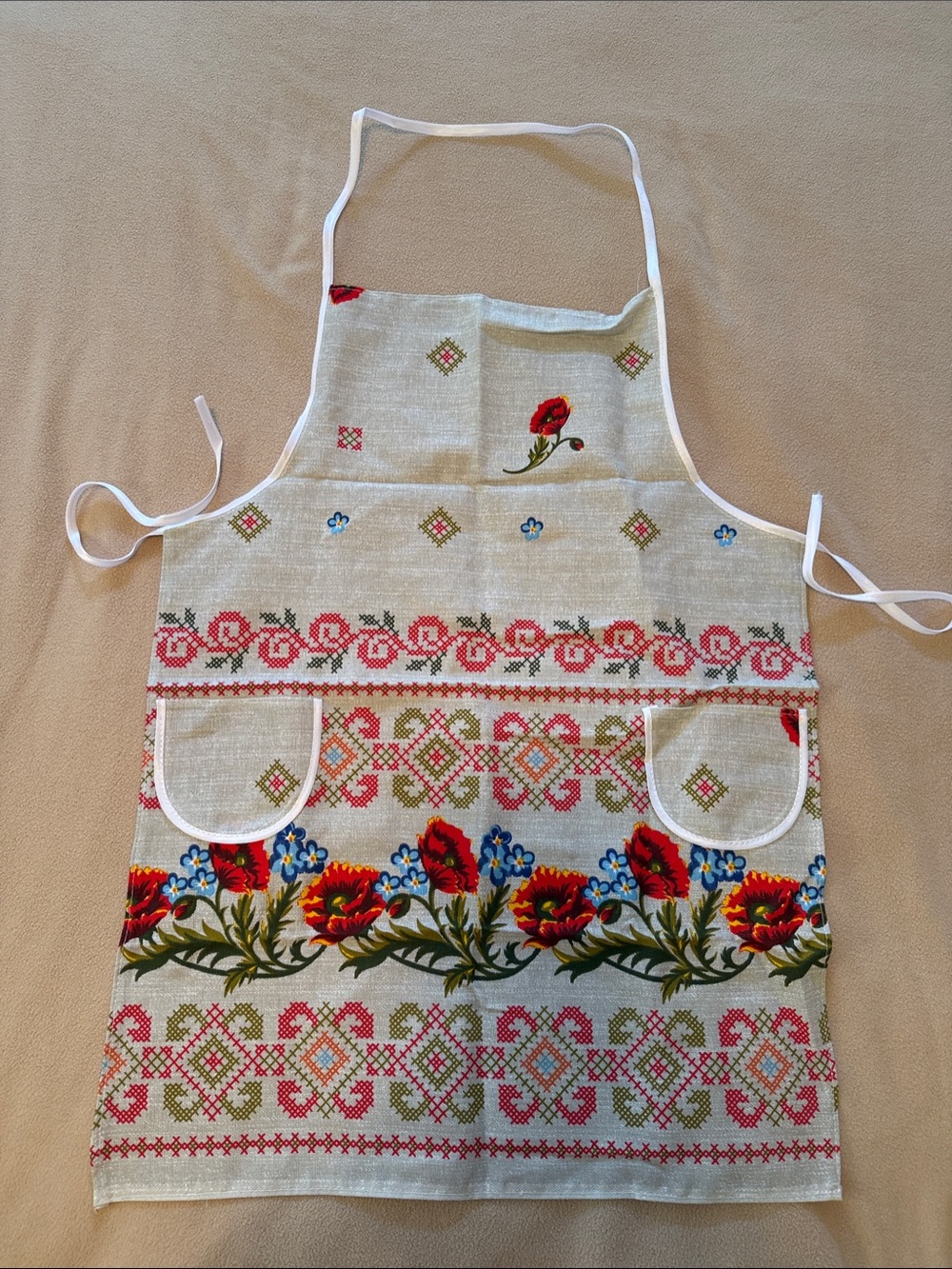Floral Poppy Linen-Style Kitchen Apron with Pockets - Red
